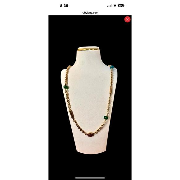 Vintage Chanel Gripoix Green Glass and Gilt Chain Necklace, Model 3129 - Picture 1 of 11